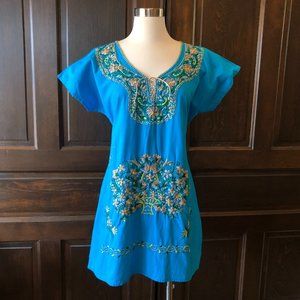 Mexican Embroidered Mini Dress Tunic Peasant Tie Back Aqua Blue Size S/M